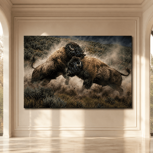 Bison Bulls Fighting in Dust Wrapped Canvas Wall Art – Explosive Wildlife Action Print - ART OF ROYALS