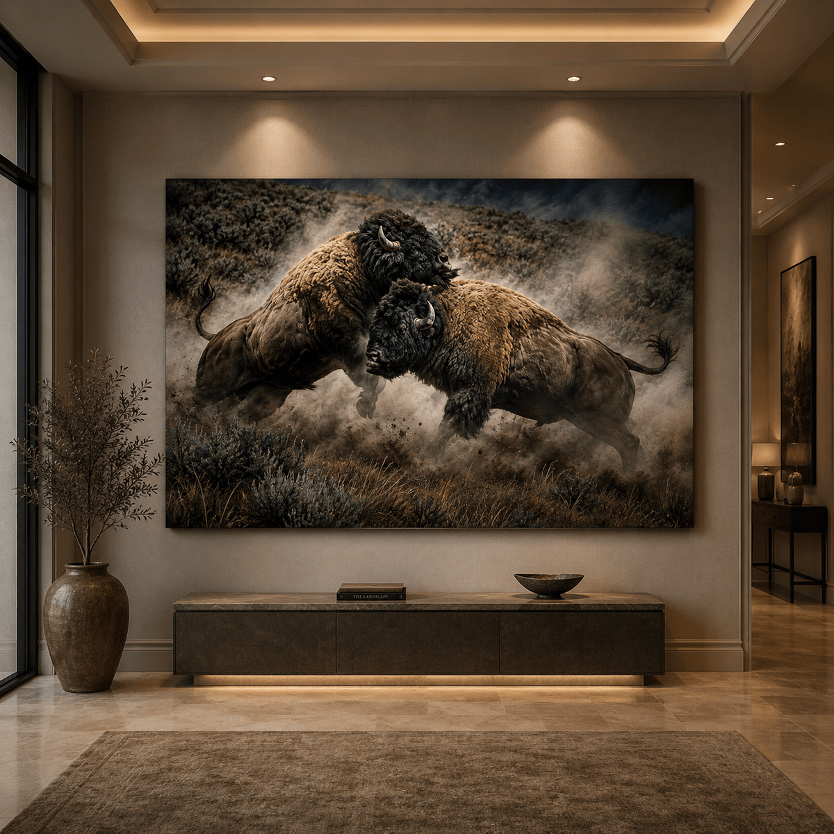 Bison Bulls Fighting in Dust Wrapped Canvas Wall Art – Explosive Wildlife Action Print - ART OF ROYALS