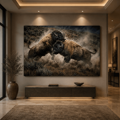 Bison Bulls Fighting in Dust Wrapped Canvas Wall Art – Explosive Wildlife Action Print - ART OF ROYALS