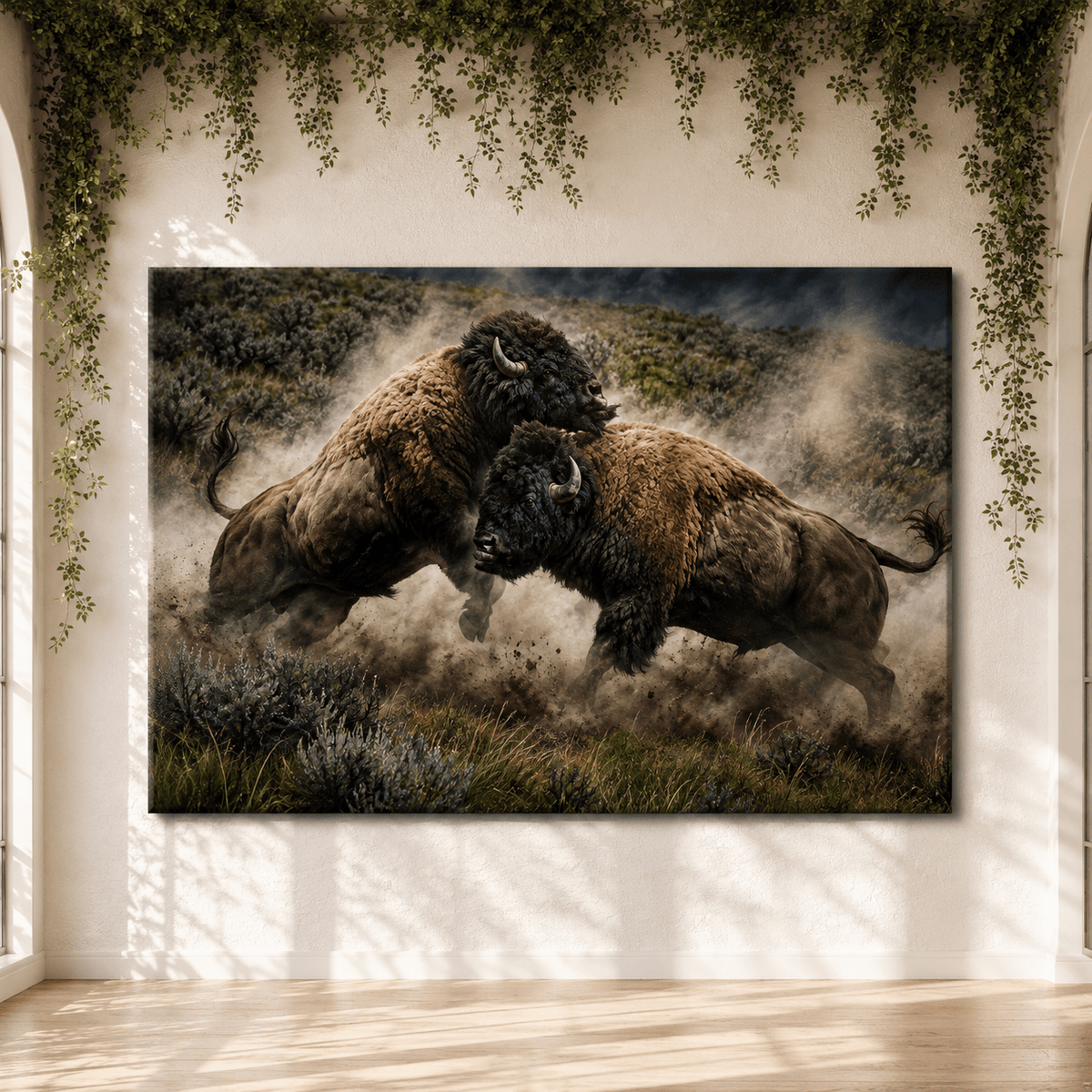 Bison Bulls Fighting in Dust Wrapped Canvas Wall Art – Explosive Wildlife Action Print - ART OF ROYALS
