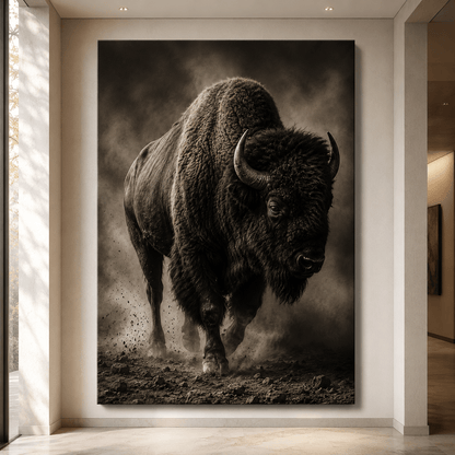 Vintage Sepia Bison Wrapped Canvas Wall Art – Moody Antique Photography Print - ART OF ROYALS