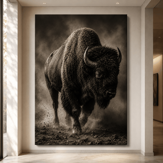 Vintage Sepia Bison Wrapped Canvas Wall Art – Moody Antique Photography Print - ART OF ROYALS