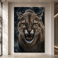 Snarling Cougar in Snowfall Wrapped Canvas Wall Art – Fierce Winter Wildlife Print
