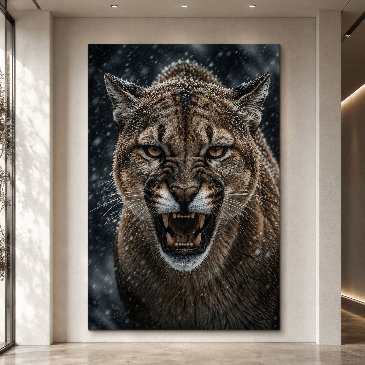 Snarling Cougar in Snowfall Wrapped Canvas Wall Art – Fierce Winter Wildlife Print - ART OF ROYALS