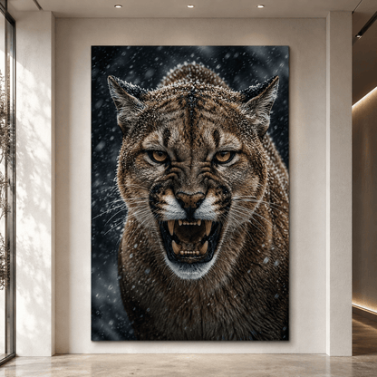 Snarling Cougar in Snowfall Wrapped Canvas Wall Art – Fierce Winter Wildlife Print - ART OF ROYALS