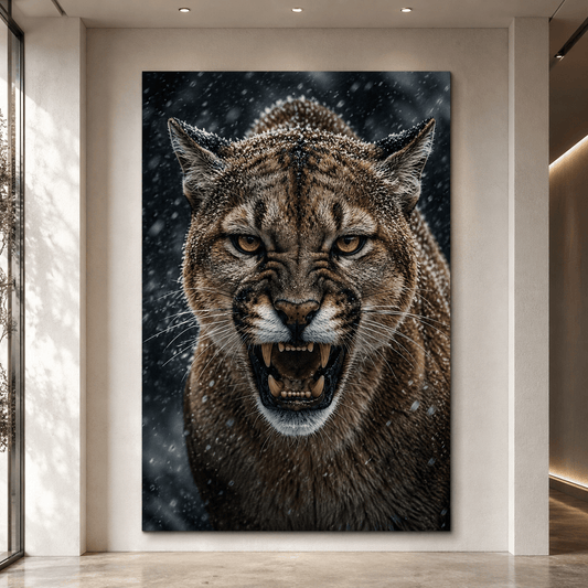 Snarling Cougar in Snowfall Wrapped Canvas Wall Art – Fierce Winter Wildlife Print - ART OF ROYALS