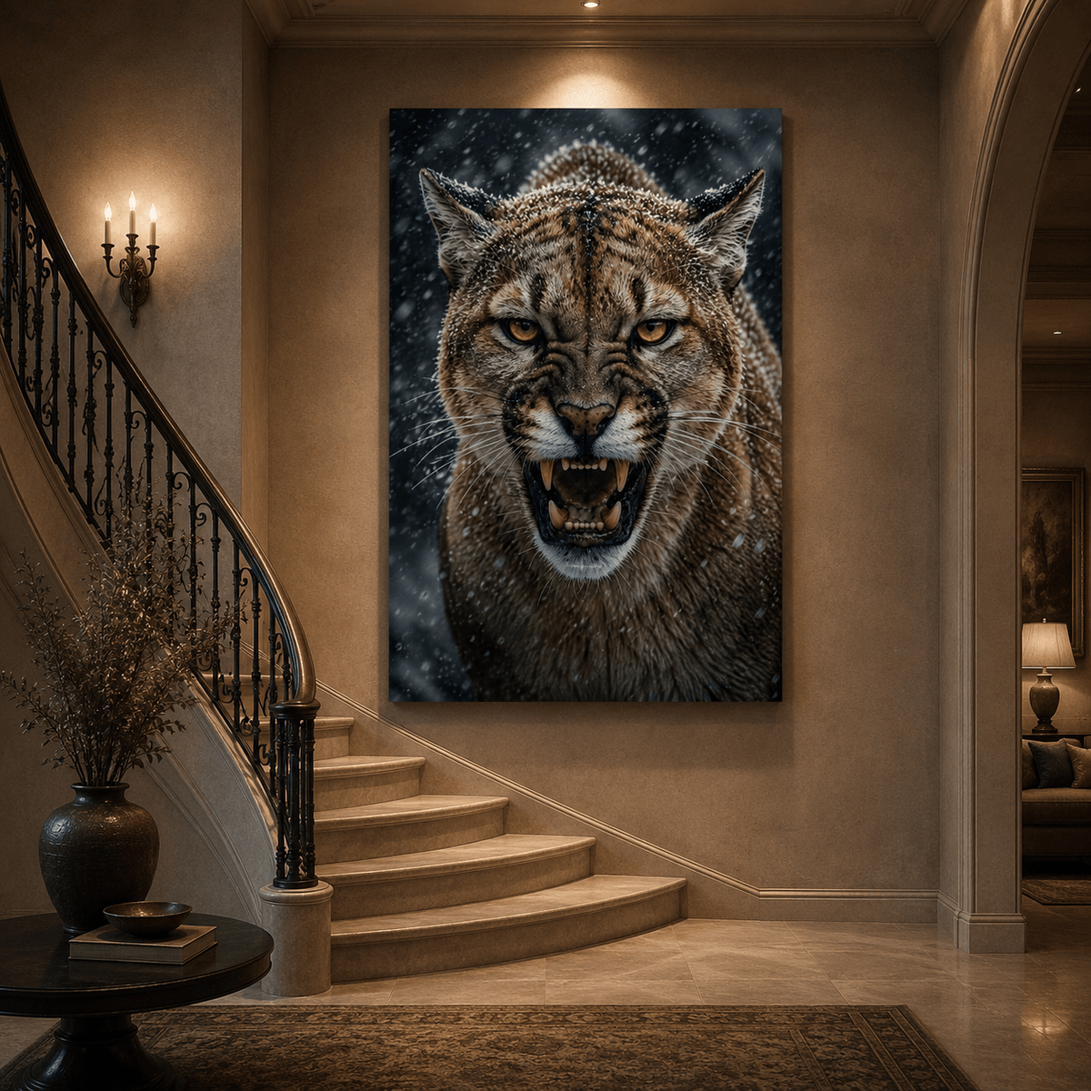 Snarling Cougar in Snowfall Wrapped Canvas Wall Art – Fierce Winter Wildlife Print - ART OF ROYALS