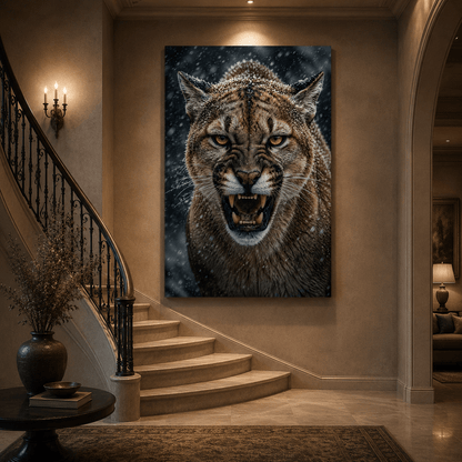 Snarling Cougar in Snowfall Wrapped Canvas Wall Art – Fierce Winter Wildlife Print - ART OF ROYALS