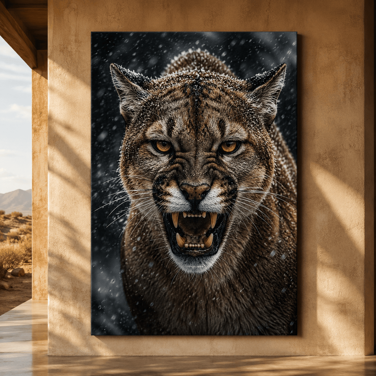 Snarling Cougar in Snowfall Wrapped Canvas Wall Art – Fierce Winter Wildlife Print - ART OF ROYALS