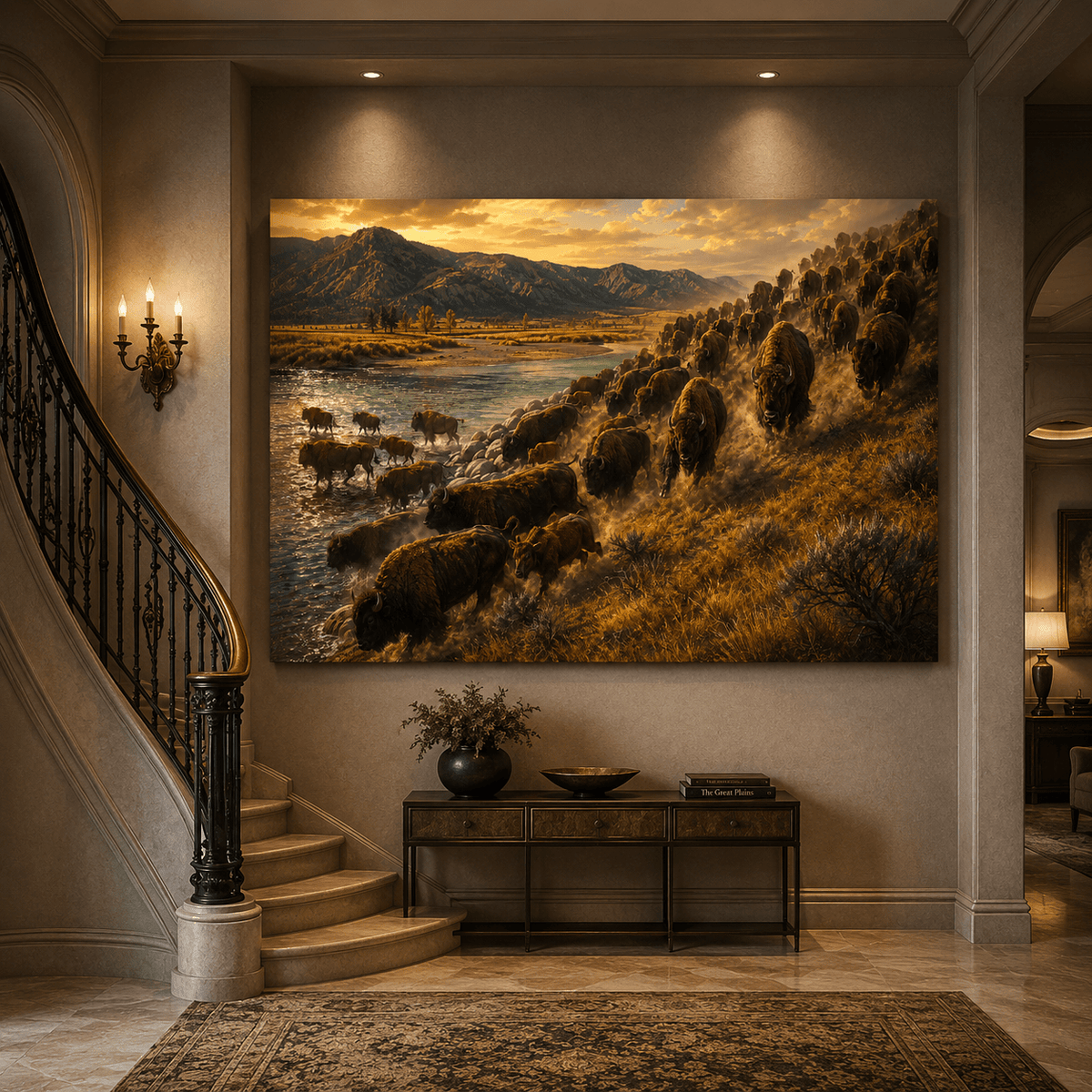 Bison Herd River Crossing Wrapped Canvas Wall Art – Epic Golden Hour Migration Print - ART OF ROYALS