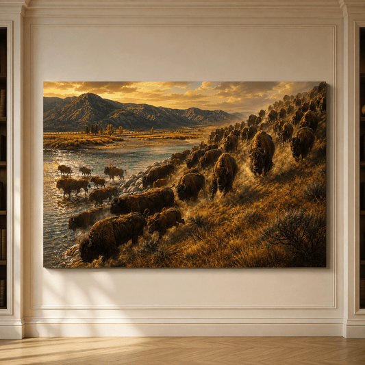 Bison Herd River Crossing Wrapped Canvas Wall Art – Epic Golden Hour Migration Print - ART OF ROYALS