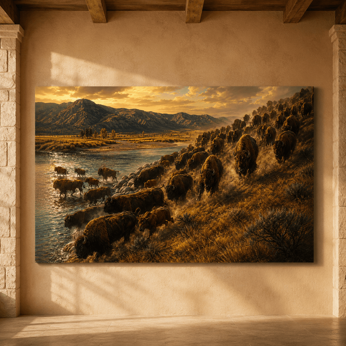 Bison Herd River Crossing Wrapped Canvas Wall Art – Epic Golden Hour Migration Print - ART OF ROYALS