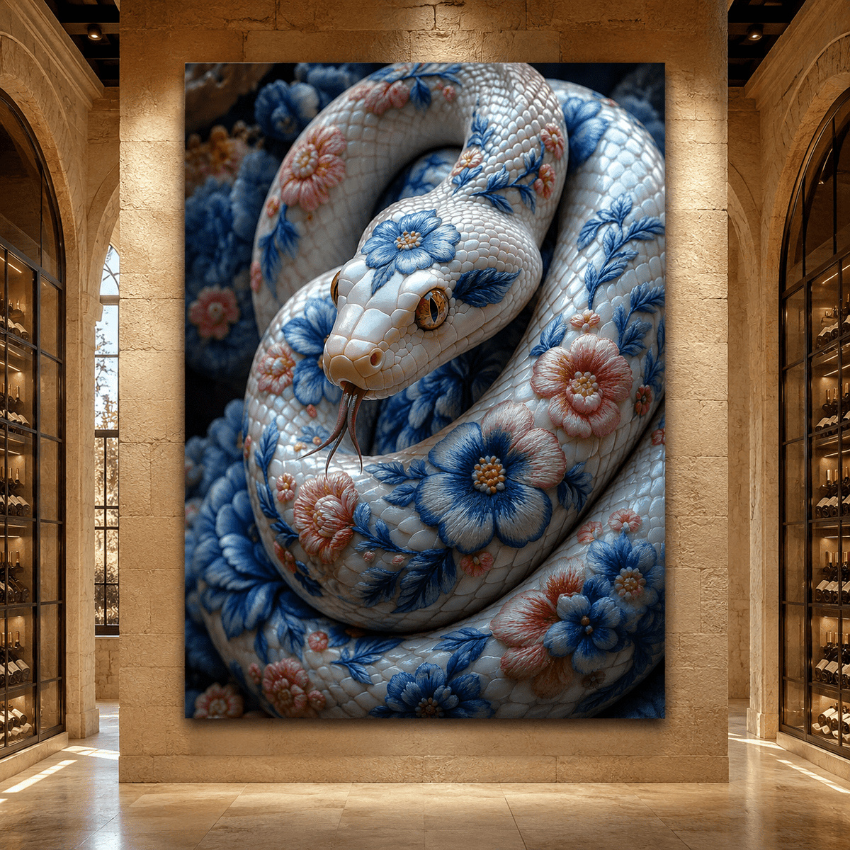 Porcelain Floral Snake Wrapped Canvas Wall Art – Ornate Chinoiserie Style Print - ART OF ROYALS