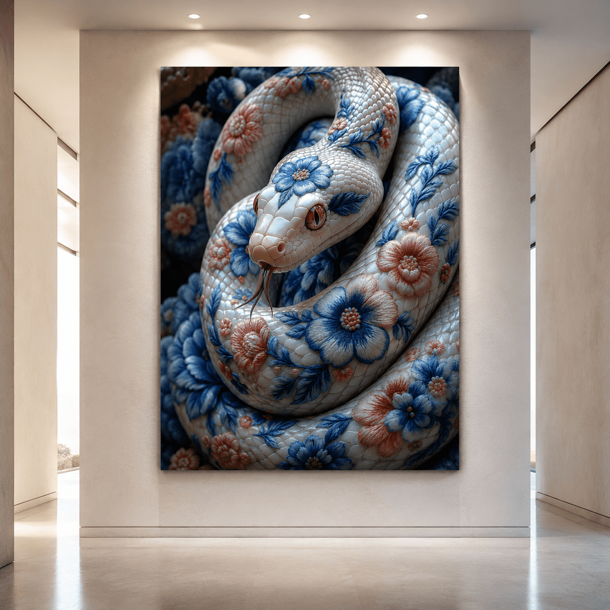 Porcelain Floral Snake Wrapped Canvas Wall Art – Ornate Chinoiserie Style Print - ART OF ROYALS