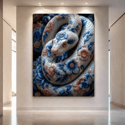 Porcelain Floral Snake Wrapped Canvas Wall Art – Ornate Chinoiserie Style Print - ART OF ROYALS