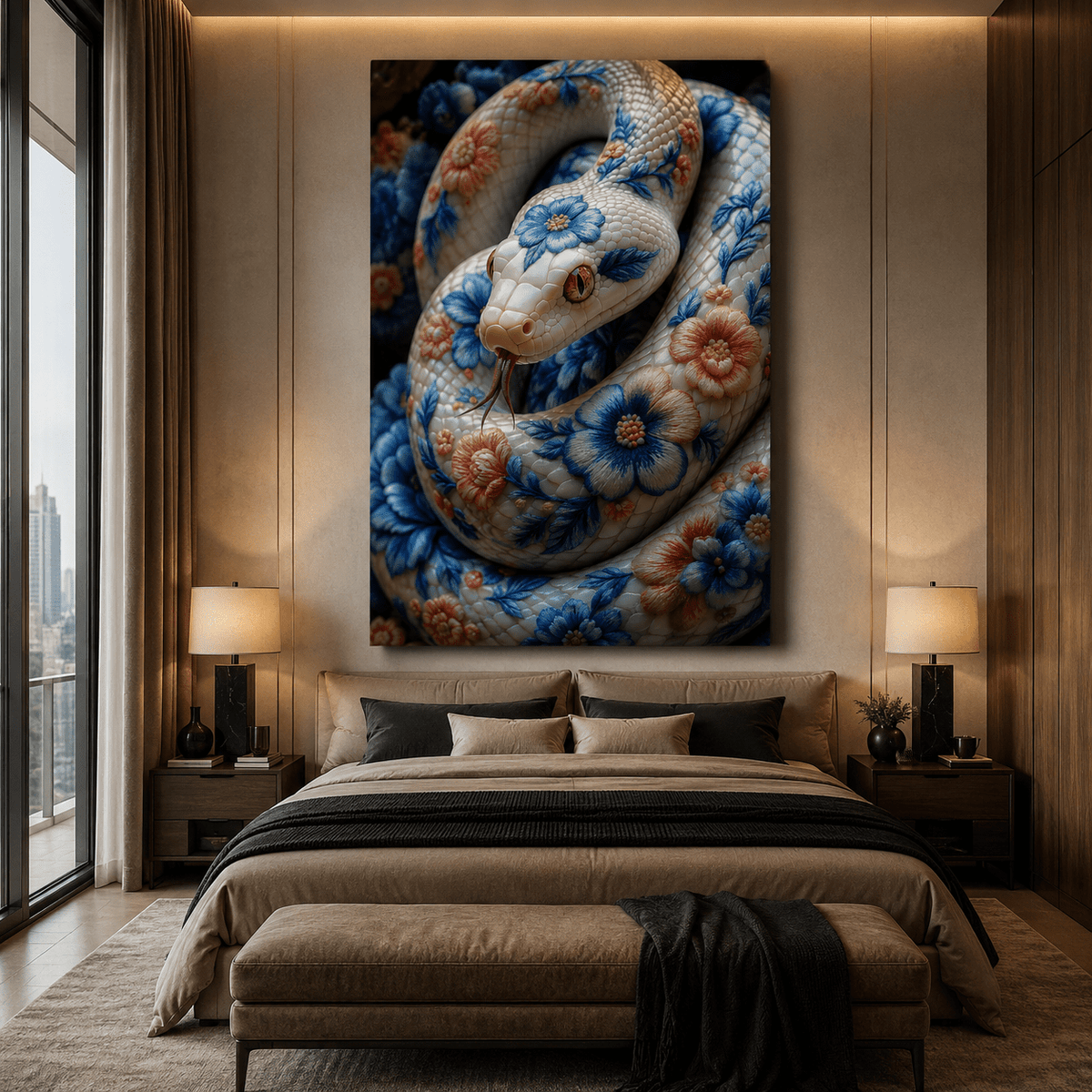 Porcelain Floral Snake Wrapped Canvas Wall Art – Ornate Chinoiserie Style Print - ART OF ROYALS