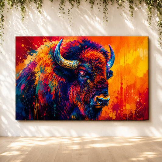 Neon Pop Art Bison Wrapped Canvas Wall Art – Vibrant Graffiti Style Wildlife Print - ART OF ROYALS