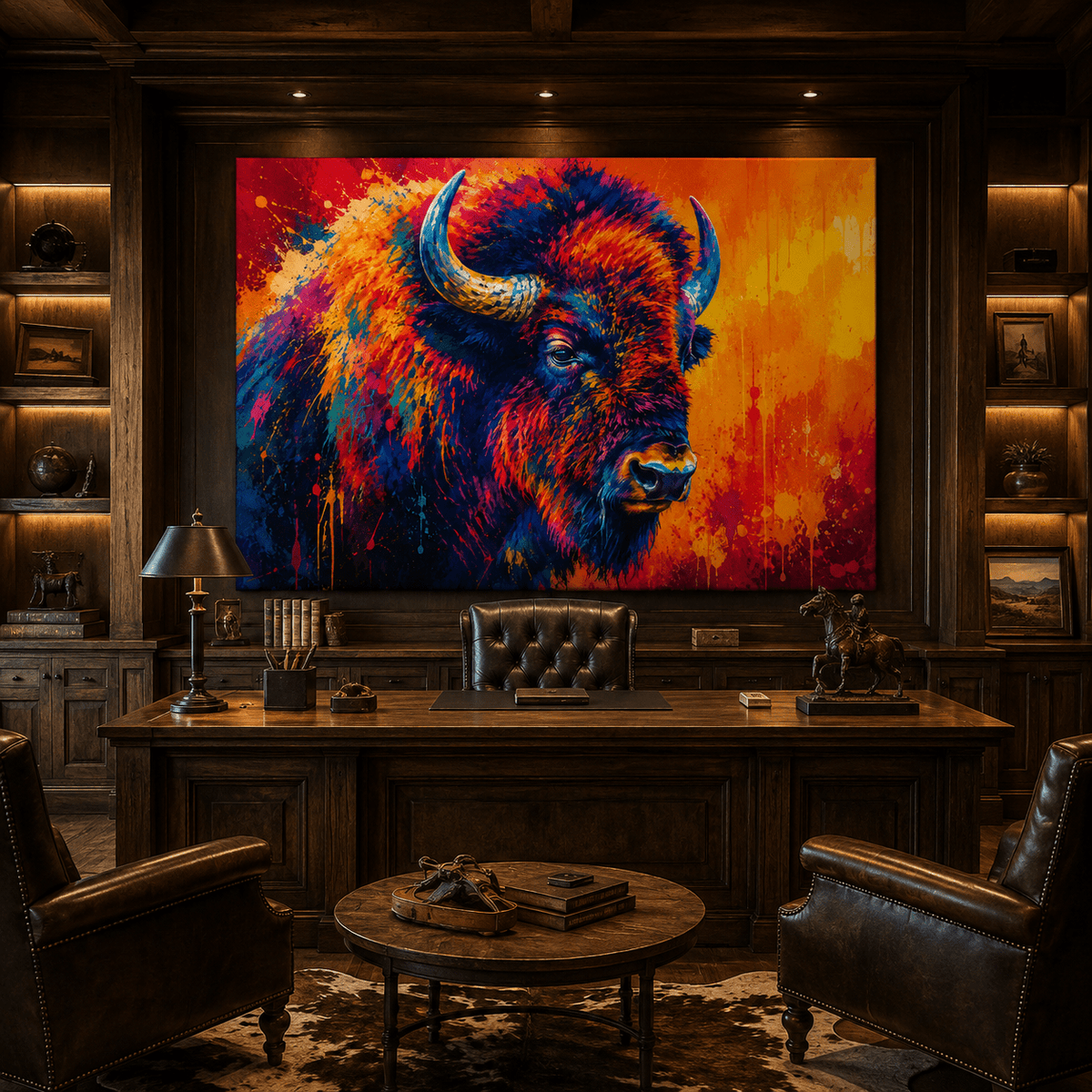 Neon Pop Art Bison Wrapped Canvas Wall Art – Vibrant Graffiti Style Wildlife Print - ART OF ROYALS