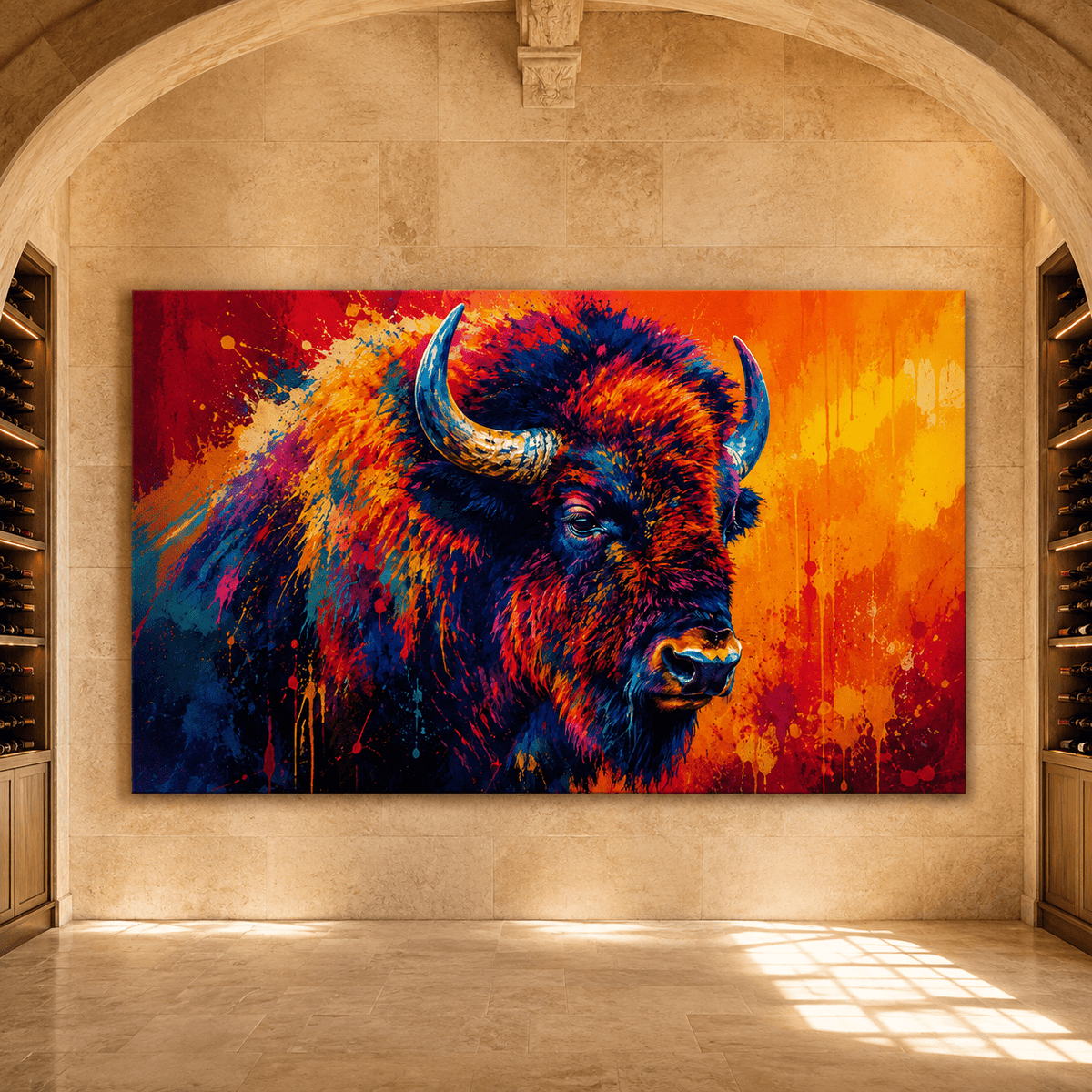 Neon Pop Art Bison Wrapped Canvas Wall Art – Vibrant Graffiti Style Wildlife Print - ART OF ROYALS