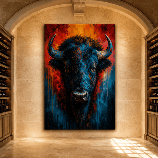 Fire and Ice Bison Wrapped Canvas Wall Art – Bold Split-Color Pop Art Print - ART OF ROYALS