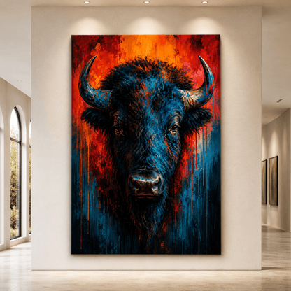 Fire and Ice Bison Wrapped Canvas Wall Art – Bold Split-Color Pop Art Print - ART OF ROYALS