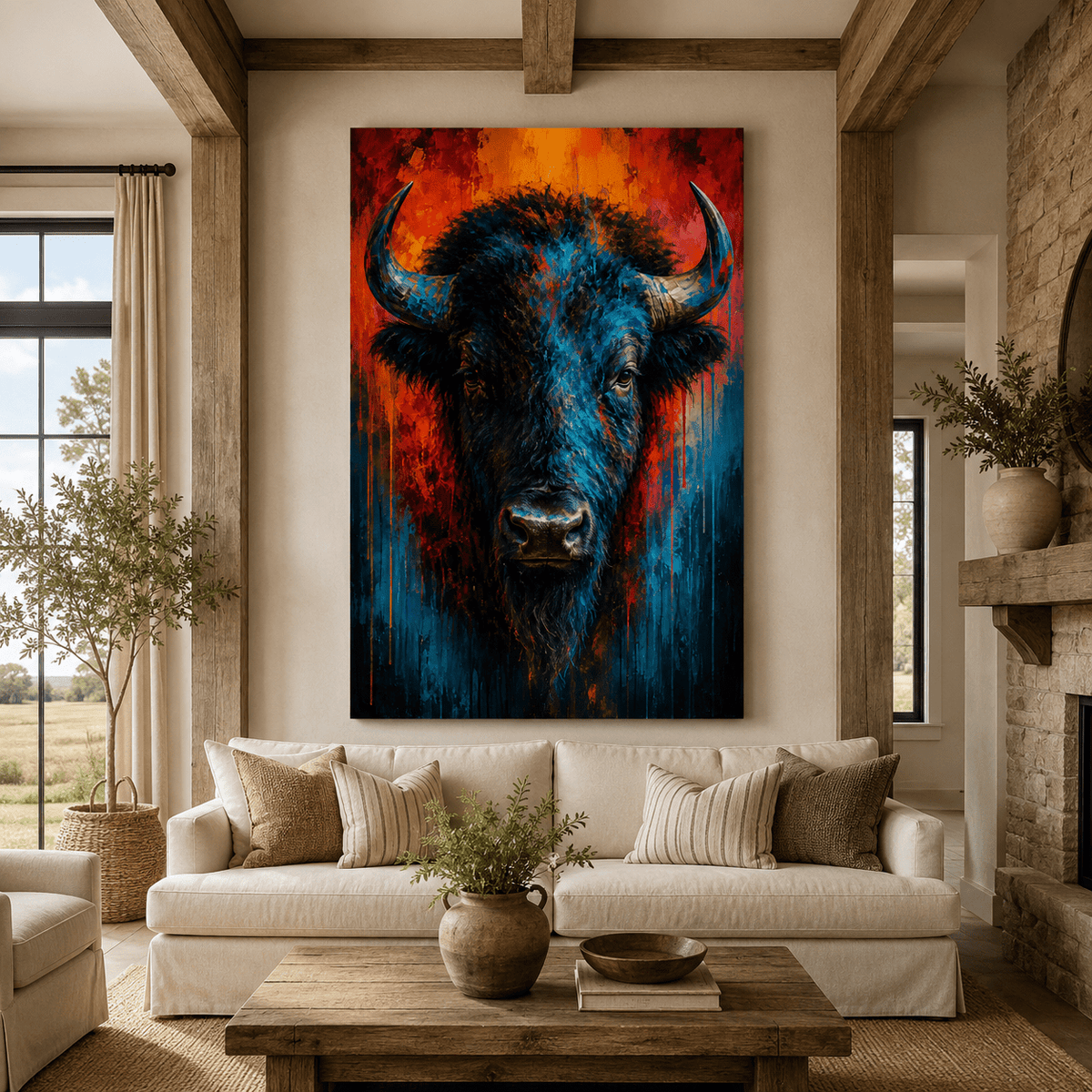 Fire and Ice Bison Wrapped Canvas Wall Art – Bold Split-Color Pop Art Print - ART OF ROYALS