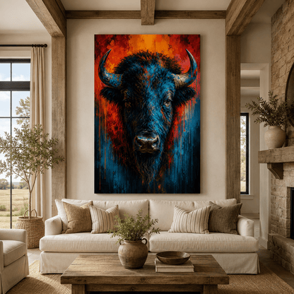 Fire and Ice Bison Wrapped Canvas Wall Art – Bold Split-Color Pop Art Print - ART OF ROYALS