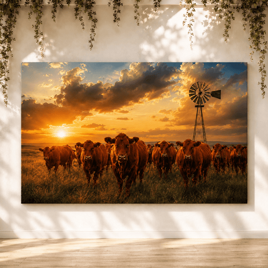 Red Cattle Herd at Windmill Sunset Wrapped Canvas Wall Art – Golden Ranch Photography Print - ART OF ROYALS