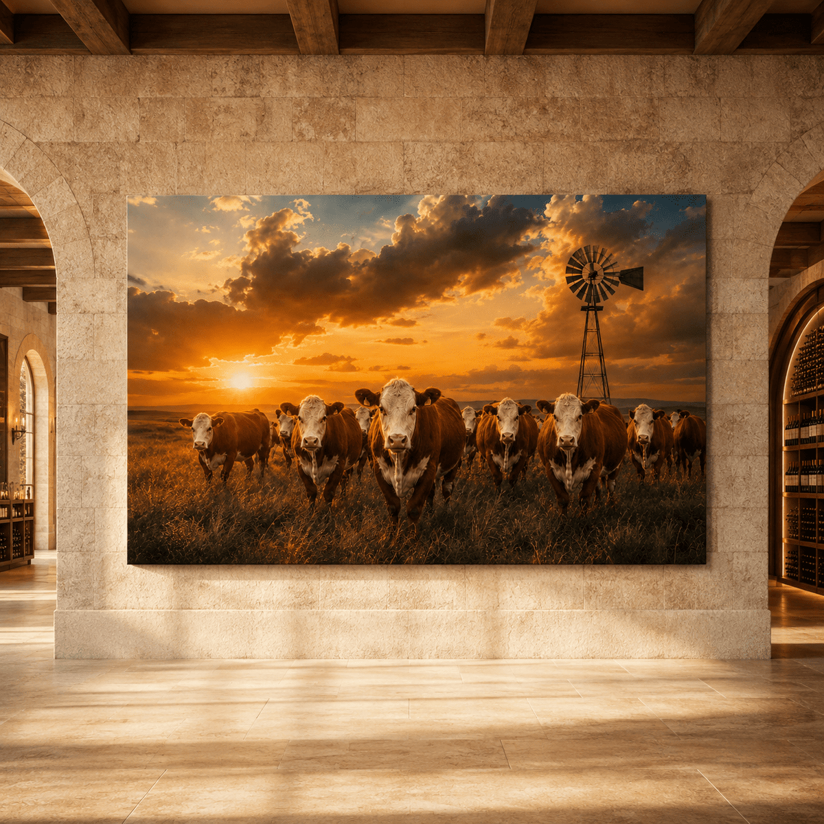 Hereford Cattle Herd at Windmill Sunset Wrapped Canvas Wall Art – Ranch Photography Print - ART OF ROYALS