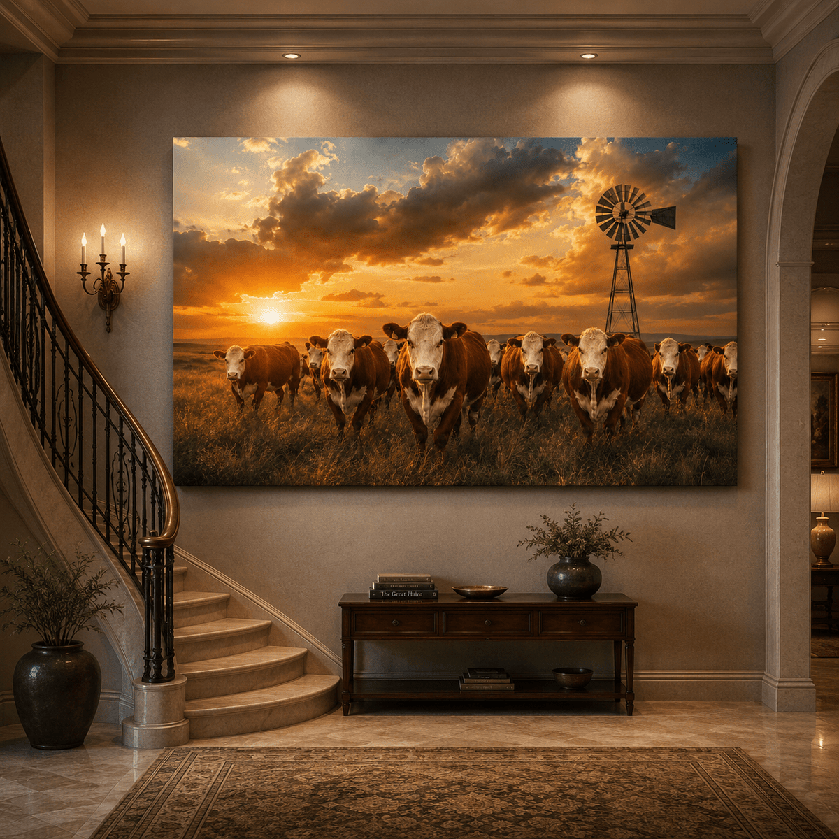 Hereford Cattle Herd at Windmill Sunset Wrapped Canvas Wall Art – Ranch Photography Print - ART OF ROYALS