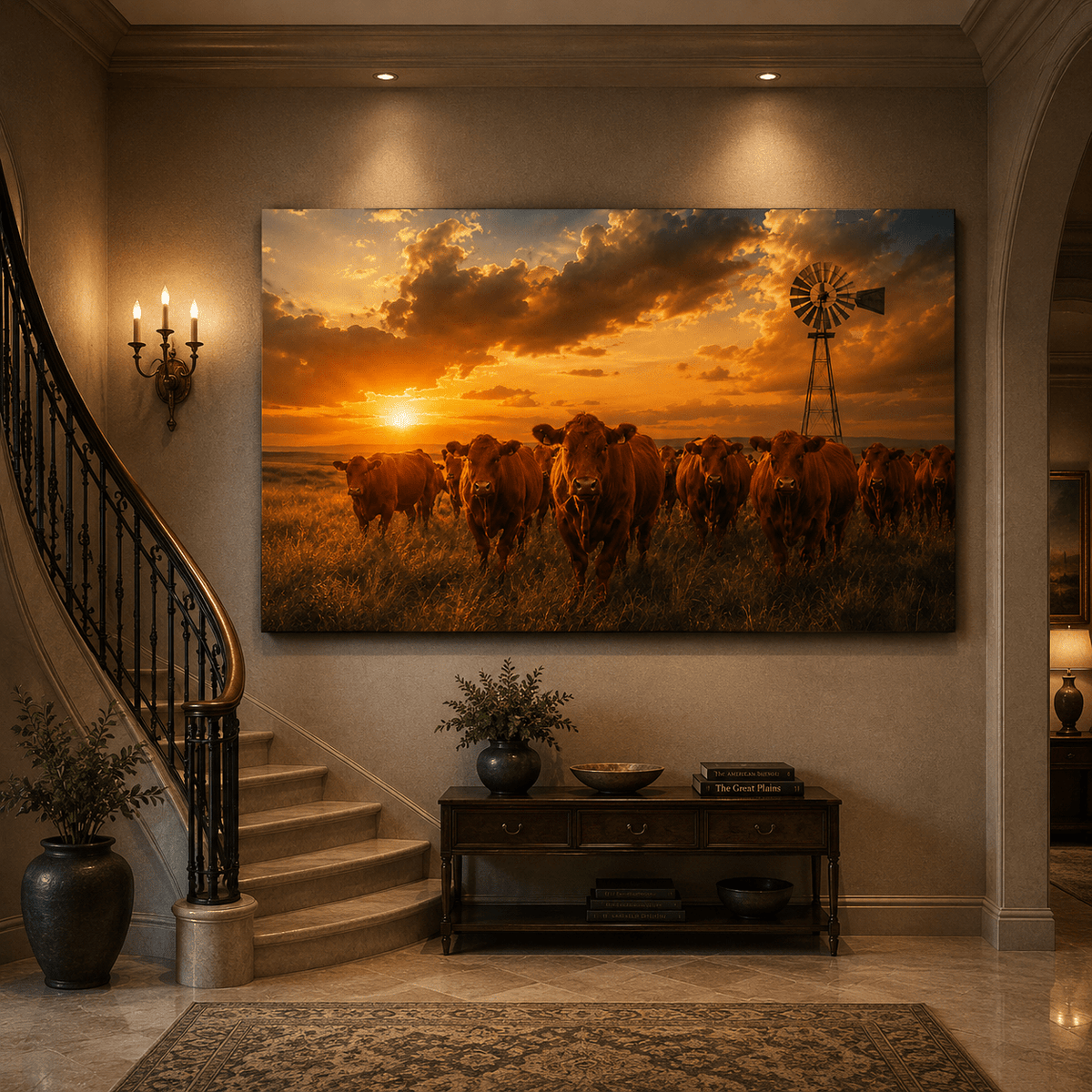 Red Cattle Herd at Windmill Sunset Wrapped Canvas Wall Art – Golden Ranch Photography Print - ART OF ROYALS