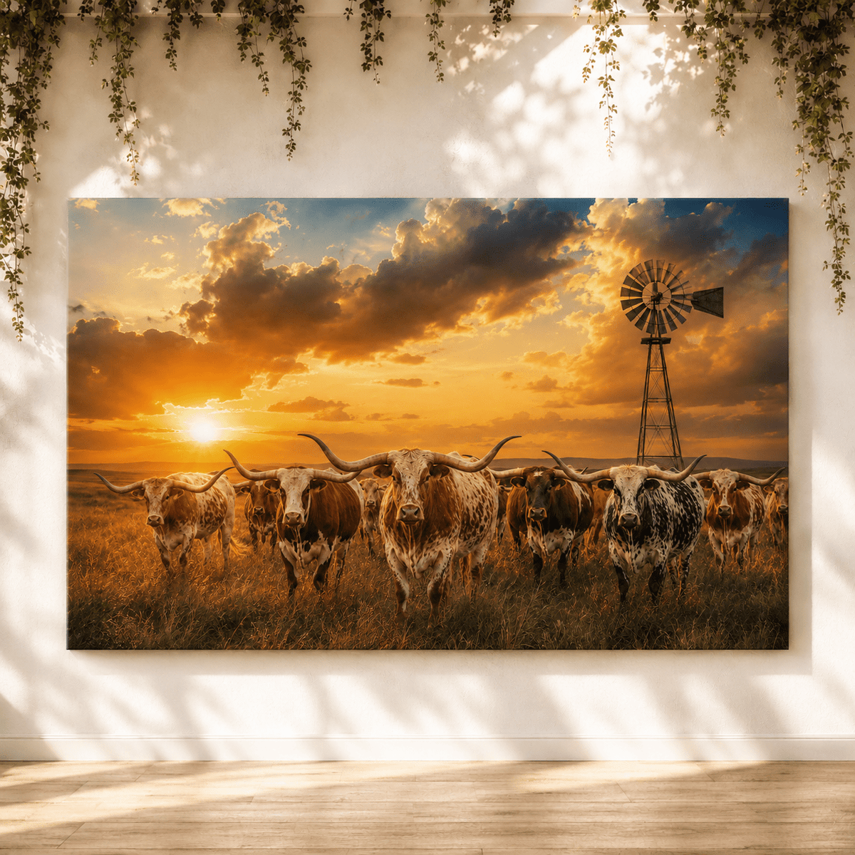 Texas Longhorn Herd at Windmill Sunset Wrapped Canvas Wall Art – Iconic Ranch Print - ART OF ROYALS