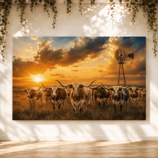 Texas Longhorn Herd at Windmill Sunset Wrapped Canvas Wall Art – Iconic Ranch Print - ART OF ROYALS