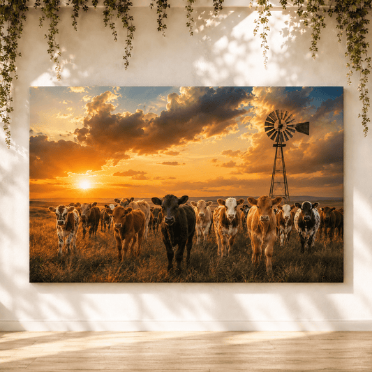 Calf Herd at Windmill Sunset Wrapped Canvas Wall Art – Charming Ranch Photography Print - ART OF ROYALS