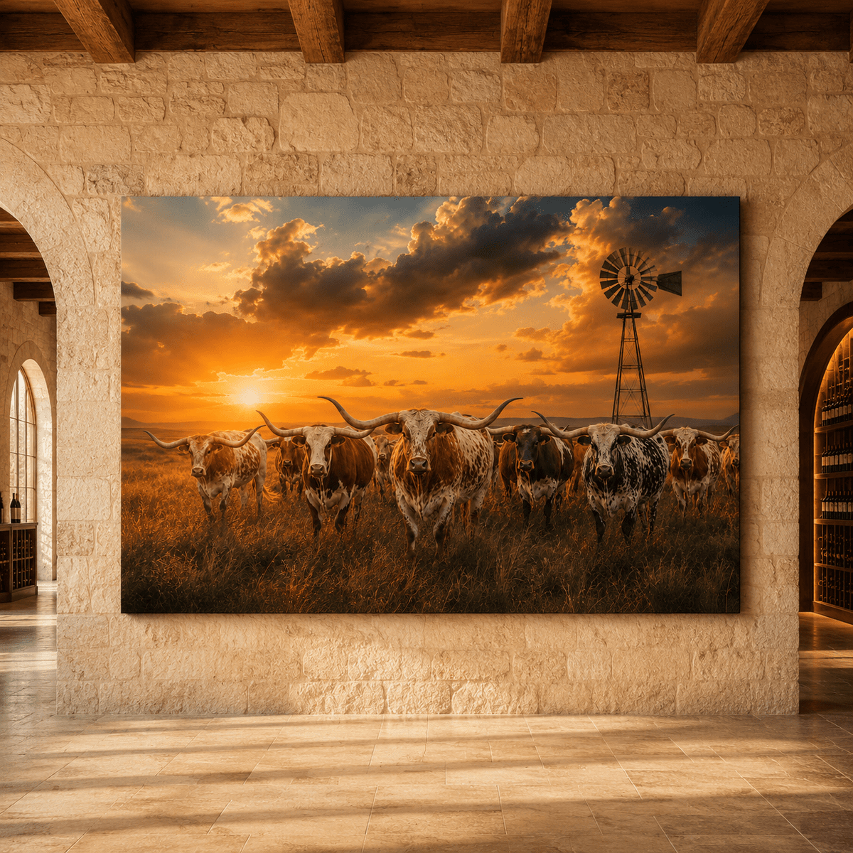 Texas Longhorn Herd at Windmill Sunset Wrapped Canvas Wall Art – Iconic Ranch Print - ART OF ROYALS