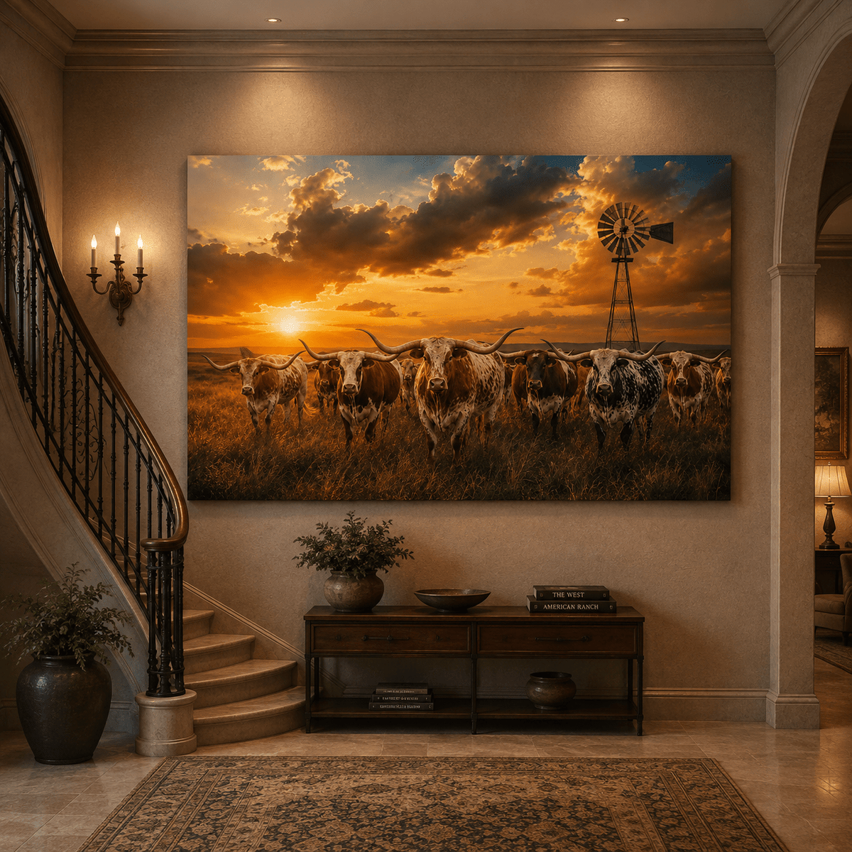 Texas Longhorn Herd at Windmill Sunset Wrapped Canvas Wall Art – Iconic Ranch Print - ART OF ROYALS
