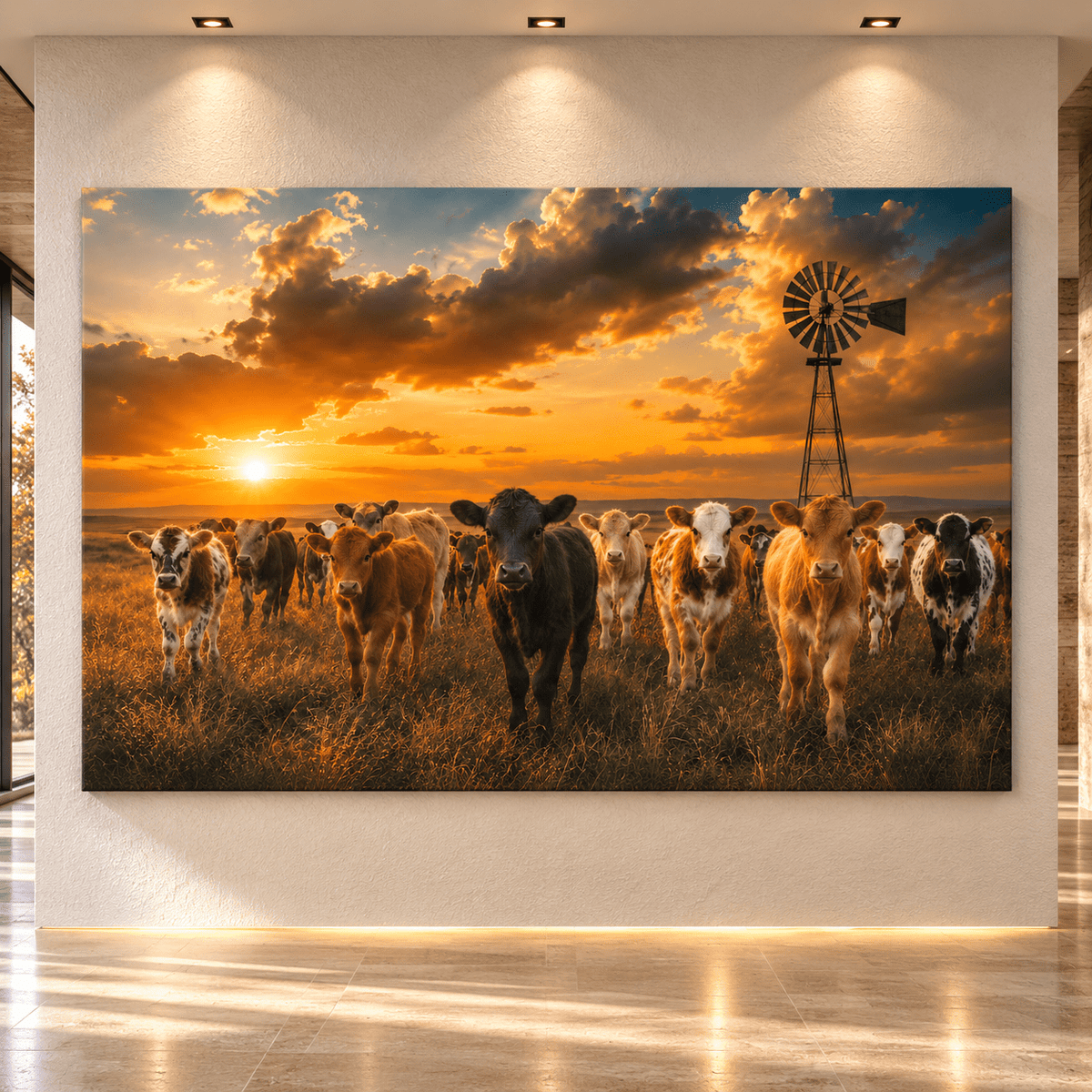 Calf Herd at Windmill Sunset Wrapped Canvas Wall Art – Charming Ranch Photography Print - ART OF ROYALS