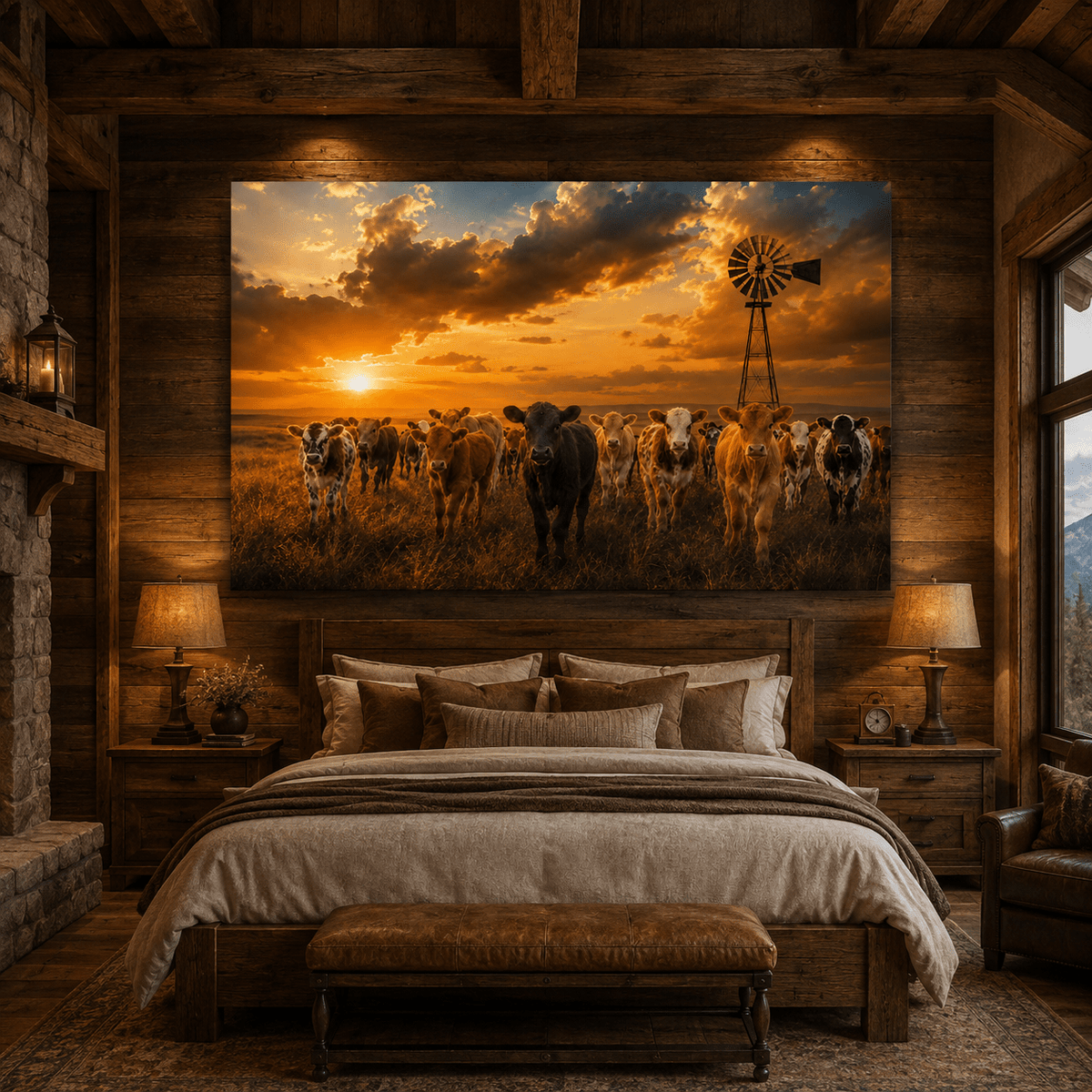 Calf Herd at Windmill Sunset Wrapped Canvas Wall Art – Charming Ranch Photography Print - ART OF ROYALS