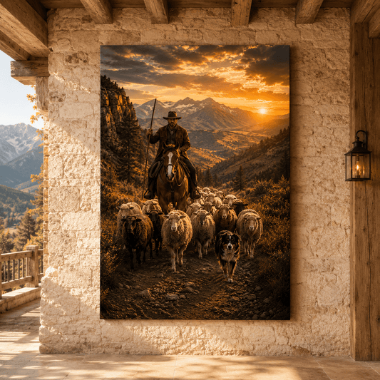 Mountain Shepherd – Cowboy Herding Sheep Canvas Wall Art - ART OF ROYALS