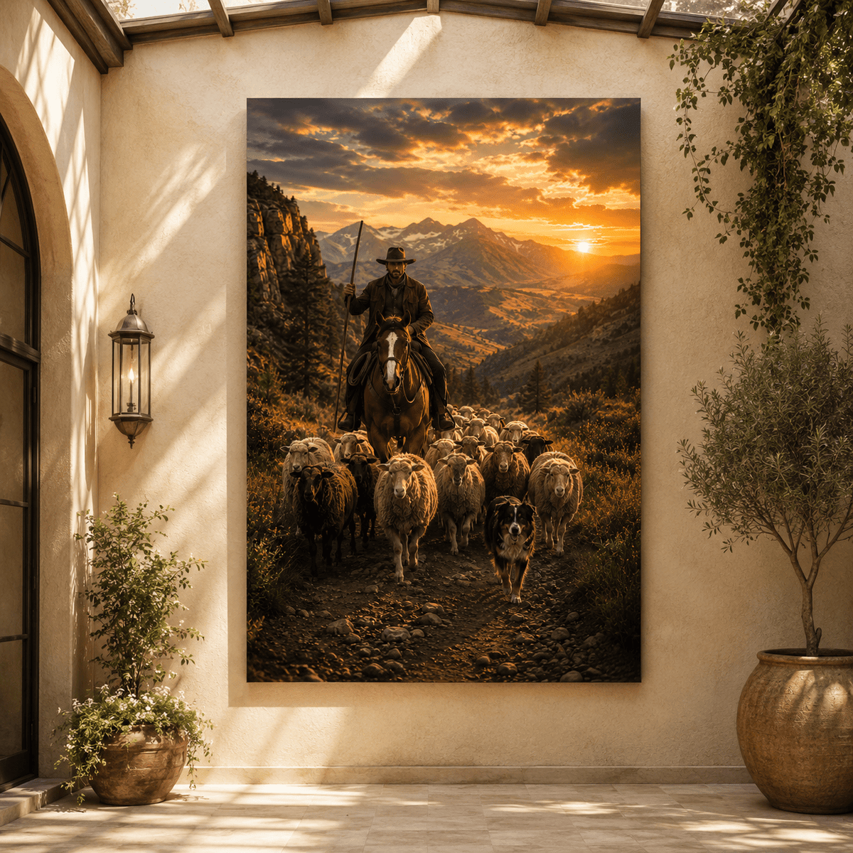 Mountain Shepherd – Cowboy Herding Sheep Canvas Wall Art - ART OF ROYALS