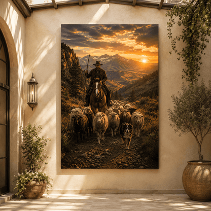 Mountain Shepherd – Cowboy Herding Sheep Canvas Wall Art - ART OF ROYALS