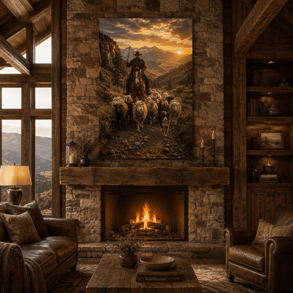 Mountain Shepherd – Cowboy Herding Sheep Canvas Wall Art - ART OF ROYALS