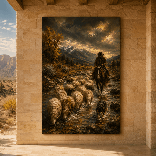 Autumn River Drive – Cowboy Herding Sheep Canvas Wall Art - ART OF ROYALS