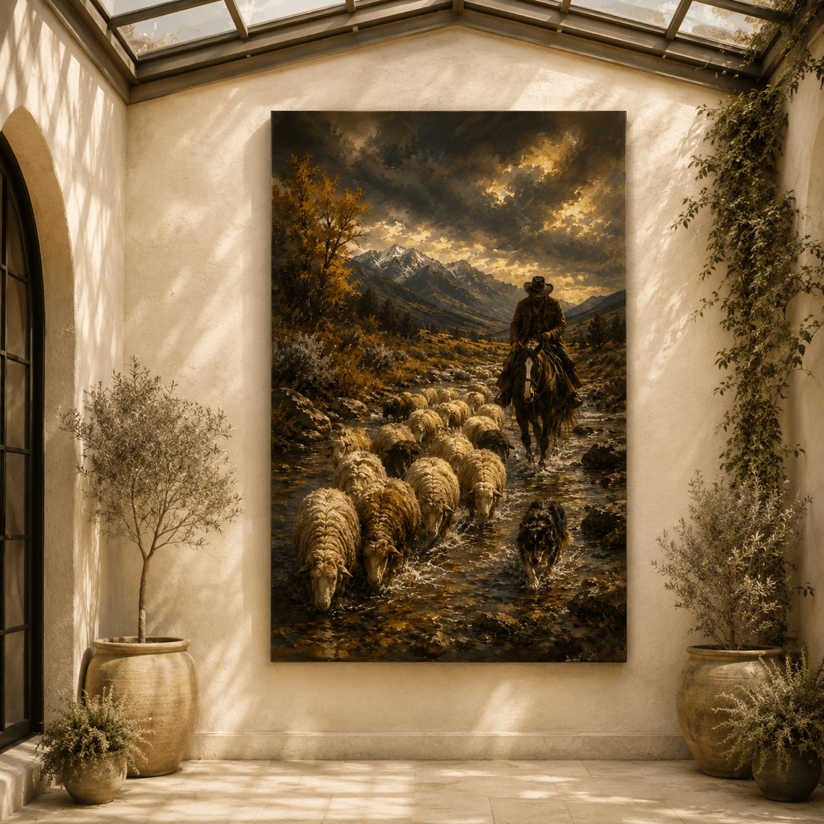 Autumn River Drive – Cowboy Herding Sheep Canvas Wall Art - ART OF ROYALS