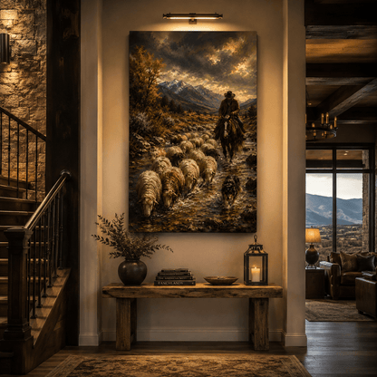 Autumn River Drive – Cowboy Herding Sheep Canvas Wall Art - ART OF ROYALS
