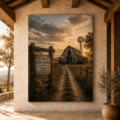 Come In, Stay Awhile – Farmhouse Welcome Sign Canvas Wall Art - ART OF ROYALS