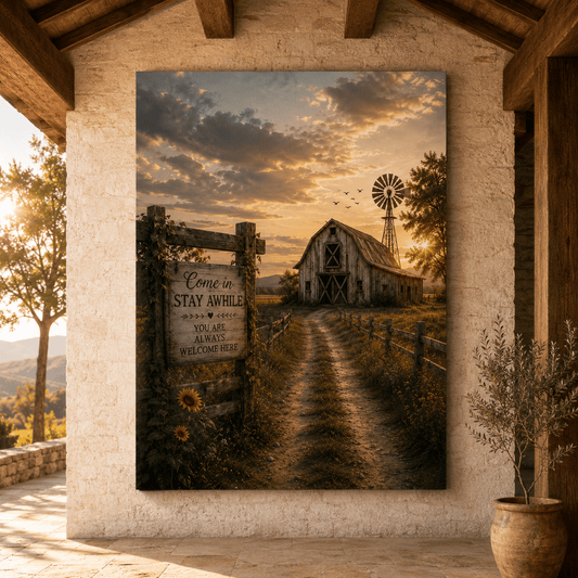 Come In, Stay Awhile – Farmhouse Welcome Sign Canvas Wall Art - ART OF ROYALS