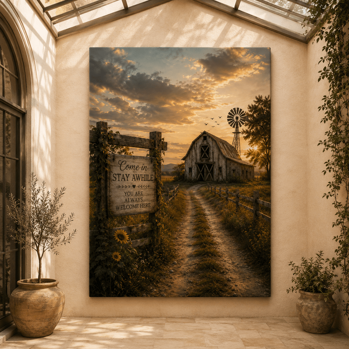 Come In, Stay Awhile – Farmhouse Welcome Sign Canvas Wall Art - ART OF ROYALS