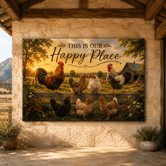 This Is Our Happy Place – Rooster and Hen Farmhouse Canvas Wall Art - ART OF ROYALS