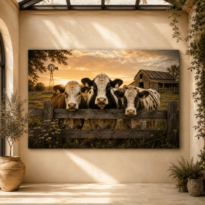 Curious Herd – Dairy Cows at the Fence Canvas Wall Art - ART OF ROYALS